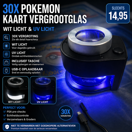 Pokémon Kaart 30X Vergrootglas met UV & Wit Licht – PSA Pre-Check Tool (USB-C Oplaadbaar)